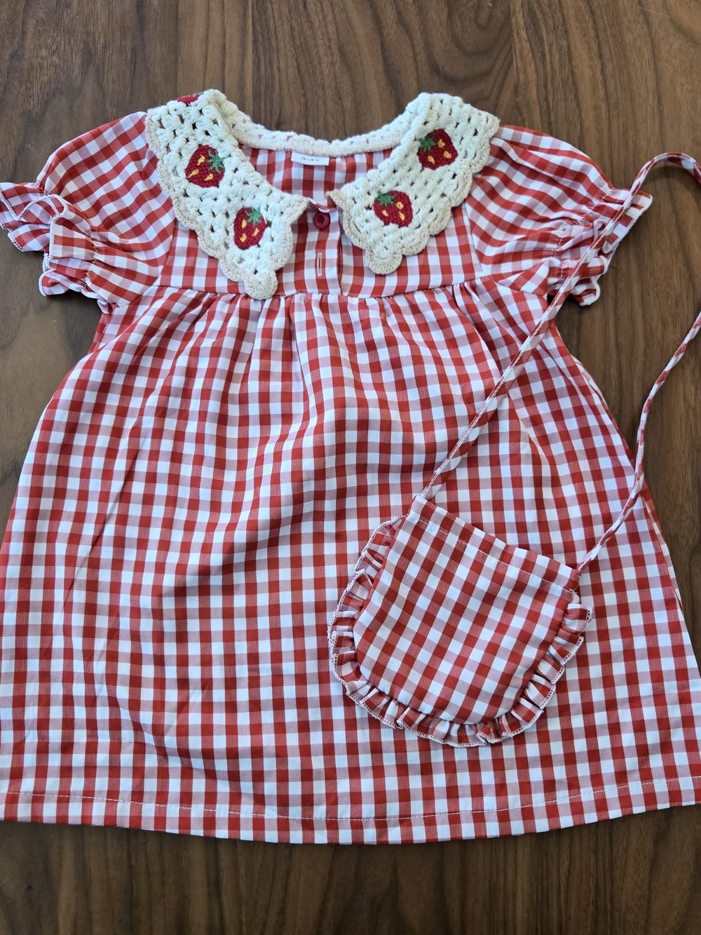 Boutique Cottagecore Strawberry Gingham Dress Ruffle Crochet Collar 4T